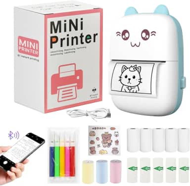 Mini impressora portátil, impressora de adesivos sem tinta portátil com 8 rolos de papel, impressora térmica Bluetooth para diário, fotos e presentes