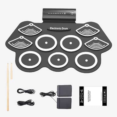 Bateria Eletrônica Portátil com 9 Pads e Pedal, Dobrável, 10 Demos e 7 Estilos de Ritmo