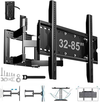 Suporte de Parede Multiarticulado Reforçado, TVs de 32'' a 85'' com Maior Comprimento de Braço, Com Tomada, Capacidade Máxima de 60 kg, Preto