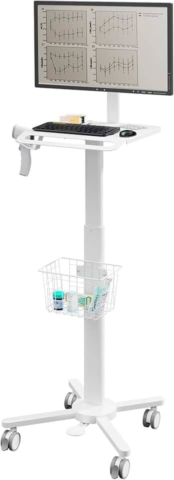 MB-C13-2 Carrinho médico leve para monitor de 43.2 cm a 81.3 cm com mesa de teclado, cesta, suporte de scanner para hospital, clínica odontológica, escritório em casa, escritório | Estação de trabalho