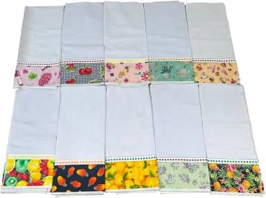 Kit 10 Peças Pano de Copa para Cozinha, 100% Algodão, Sacaria Pé de Galinha, Barrado Estampado, 50 x 70 cm