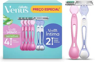 Kit Gillette Venus Aparelho de Depilação Descartável Suave Sensitive 4 Unidades + Aparelho de Depilação Íntima Feminino Descartável 2 Unidades