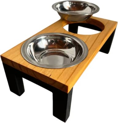 Comedouro Elevado Madeira Dois Potes Inox para Cachorro e Gato - PP