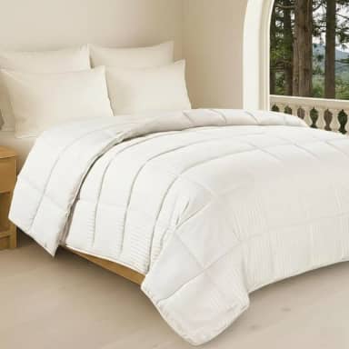 Edredom Toque de Plumas Dupla Face, Microfibra Plumage Liso e Stripe Quadriculado (Branco Stripes, King)