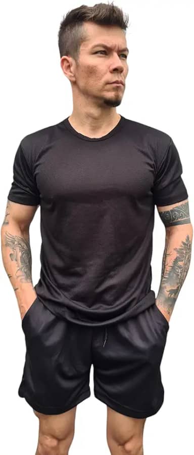 Conjunto Masculino Academia, Short 2 em 1 com Bermuda Interna + Camiseta Dry Fit, Preto