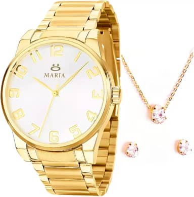 Relogio feminino original dourado casual pequeno +kit joias folhadas 18k colar e brincos social presente mulher
