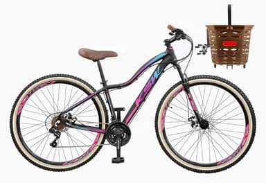 Bicicleta Aro 29 Feminina Quadro em Alumínio KSW MWZA com Cesta Estilo Retrô Vintage 21 Velocidades Freio a Disco