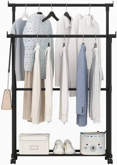 Cabideiro Duplo Roupas Aço Regulável com Rodas e Sapateira Organizador Móvel Arara Portátil Blusas Calças Jaquetas Camisetas Vestidos Sapatos Prático Resistente Fácil Montagem