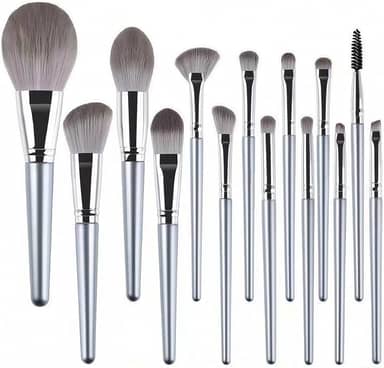 Kit Profissional de Pincéis de Maquiagem 14 em 1, Cor Prata, Conjunto para Maquiagem de Festa e Contorno, Cerdas Sintéticas de Luxo e Cabo Resistente