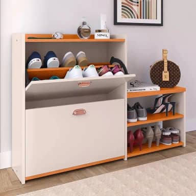 Sapateira Banco 2 Gavetas Basculantes Moderna Pares Sapatos Para Quarto Hall de Entrada- Off White/Cinamomo