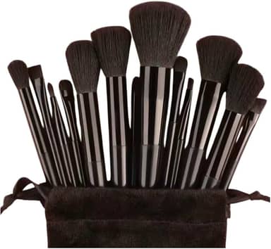 Kit 13 Pincéis de Maquiagem Profissional - Cerdas Macias para Rosto e Olhos com Estojo Elegante (Preto)