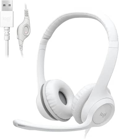 Headset com fio USB Logitech H390 com Almofadas Confortáveis, Controles de Áudio Integrado e Microfone com Redução de Ruído - Branco