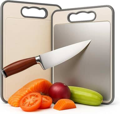 Tábua de Corte Inox para Cozinha Dupla Face em Aço Inoxidável e PP – Superfície Higiênica com Afiador Integrado Antirrespingo Base Antiderrapante e Alça Ergonômica | Premium Buy by Ju