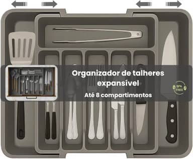 Porta Talheres Expansível, Organizador Grande Para Gaveta Ajustável, Cor Cinza Polipropileno, 8 Divisórias, Design Moderno Multiuso Ideal para Cozinha.