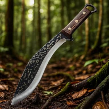Faca de Aventura Robusta com Lâmina Forjada e Cabo de Madeira. Ideal para Camping, Trilhas e Sobrevivência. Acompanha Coldre de Couro Artesanal. (36 cm)
