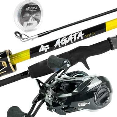 Kit de Pesca Agata Gold, Carretilha Slim Pro Direita com Vara 1,83m, 12 Libras, Linha Dourado Platinum