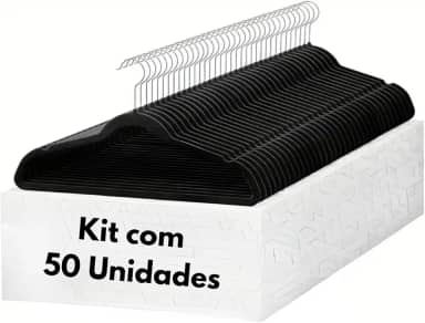 Cabide De Veludo Preto Adulto Ultrafino Slin Antideslizante Kit com 50 Un.Cabides 360°Graus Para Roupas Casacos Camiseta Calça Reforçado