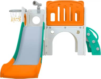 Freso Baby Playground Infantil 7x1 Mini Mundo Spring 2 Torres, Para Crianças de 1 a 4 anos, Compacto e Fácil Montagem, com Escorregador, Cesta de Basquete e Bola, Escalada, Luneta