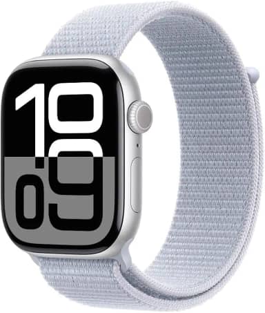 Apple Watch Series 10 GPS • Caixa prateada de alumínio – 46 mm • Pulseira loop esportiva nuvem azul