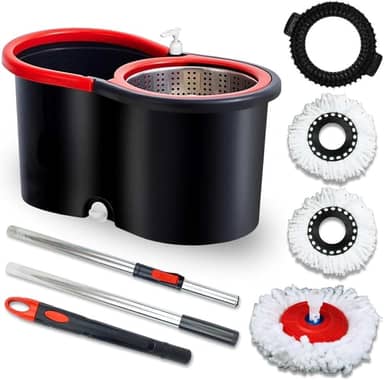 Mop Giratório Com Cesto Em Inox Vermelho - Com Escovão Para Limpeza Pesada Cabo C/140Cm Ajustável + 3 Esfregão de microfibra