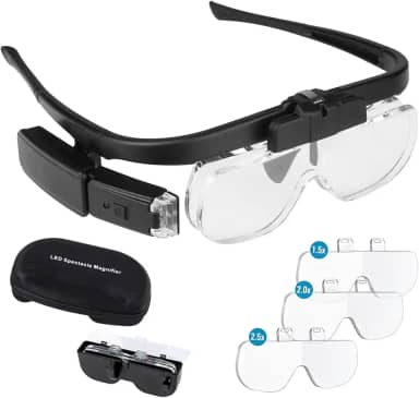 Minidiva Óculos de Aumento com Luz, Viva-Voz, 2 Leds Iluminados, Montagem Na Cabeça, Lupa com 3 Lentes Removíveis, Slot Duplo para Leitura, Costura, Joias, Artesanato, Tratamento Odontológico