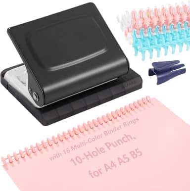 Encadernador de bobina espiral com 10 furos, máquina de encadernação em espiral com 16 anéis multicoloridos, 30 furos em A4, 20 furos em A5, 26 furos em B5, capacidade para 10 folhas