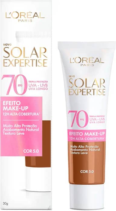 L'Oréal Paris Solar Expertise Efeito Make-Up, Protetor Solar com Cor FPS 70, Cobertura de Maquiagem por até 12h, Tripla Proteção Solar contra raios UVB, UVA, UVA Longo e Luz Visível Cor 5.0, 30g