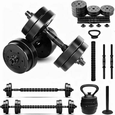 Kit de Musculação Ajustável 20kg Conjunto com Halteres, Anilhas, Barras e Kettlebell Preto, para Treino em Casa
