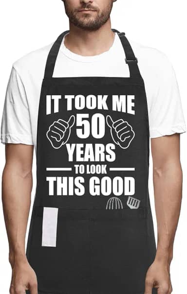 Presentes de aniversário de 50 anos para mulheres e homens, aventais engraçados de chef com bolsos, Took Me 50 Years preto, Tamanho Único