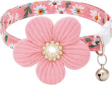 Coleira Floral Luxo com Flor e Sino para Gatos ou Cachorros Pequenos – Algodão Confortável, Fivela Breakaway, Ajustável, Rosa, Charmosa