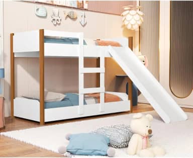 Beliche Infantil Flora com Escorregador Grade de Proteção e Escada Lateral Estrutura em MDF Design Divertido e Seguro para Crianças (Nature)