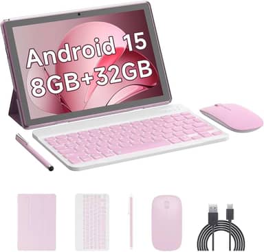tablet Android 12 de 10,1 polegadas, tablets 2 em 1, 4 GB de RAM+64 GB ROM processador Quad-Core, tablet 1280 x 800 FHD com teclado/rato/capa/caneta ótica/película temperada, 8 MP câmara dupla 6000
