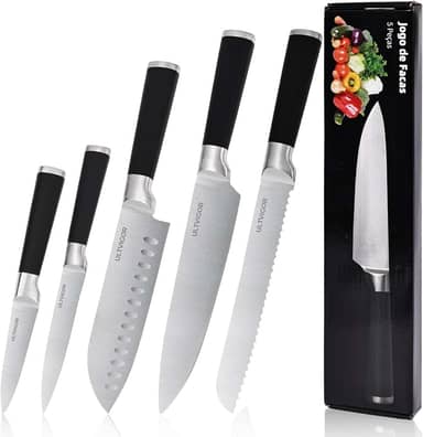 Conjunto de Facas 5 Peças, 4CR13 Aço Inoxidável Afiado e Durável, Cabo antiderrapante, Corte Preciso para Cozinhas Domésticas, Inclui Faca de Chef, Santoku (Preto)