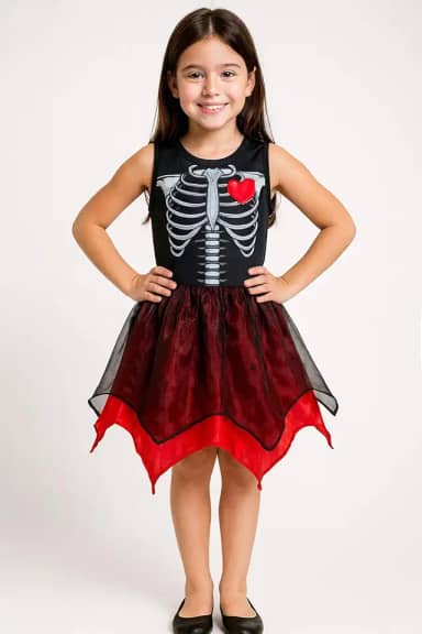 Fantasia Infantil Esqueleta Caveira Criança Halloween Vestido Roupa