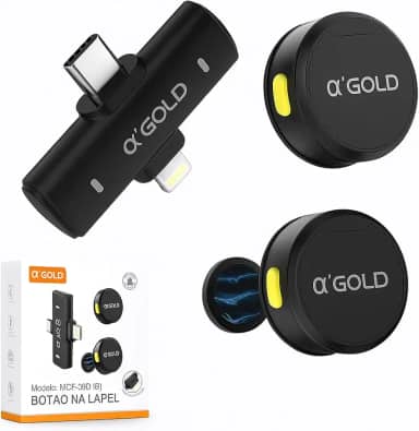 Microfone de Lapela Sem Fio Bluetooth AGold Premium – Kit com 2 Microfones, Redução de Ruído, 10h de Bateria, Conexão USB-C Automática – Compatível com iPhone, Android, PC e Câmeras