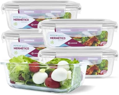 KIT 5 Potes de Vidro Retangular com Tampa Hermética 640ml Cor:Branco (QH)