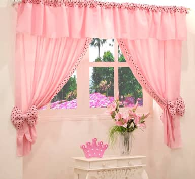 Cortina Bebê, Infantil e Juvenil Ursinha 2,20 m x 1,70 m para Varão Duplo 2,00 m com Bandô (Rosa)