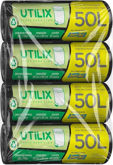 Kit com 4 unidades - Utilix 50 litros Preto, Rolo com 30 Sacos/unidade