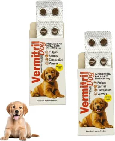 Vermitril Dog Filhotes - Anti Pulgas, Carrapatos, Vermes, Sarnas - 8 Comprimidos (Cães até 3kg)