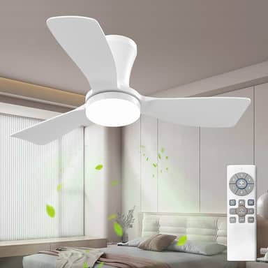 Ventilador de Teto Branco de Três Pás de 91 cm com Luz LED, Motor DC Silencioso, Controle Remoto, 6 Velocidades, 100V-240V, Função Reversível e Instalação Flush Mount