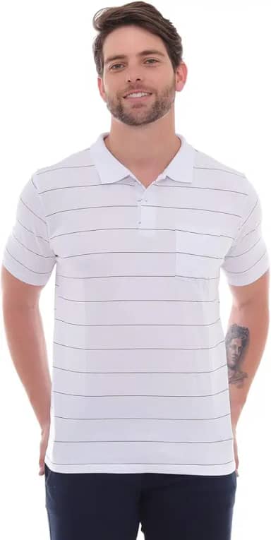 Camisa Polo Cassian - Camisa Polo Listrada Branca com Bolso