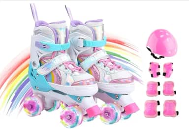 Patins 4 Rodas Infantil Arco-Íris com Kit de Proteção, Ajustável, Rodas de Poliuretano, Cadarço e Velcro, Unisex, com Proteções