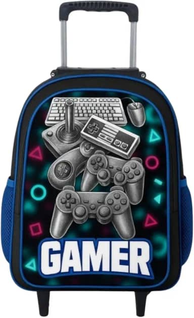 Mochila Rodinha Masculina Escolar Infantil Menino Reforçada Grande (Gamer)