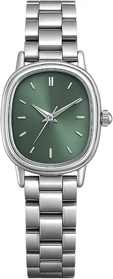 Relógio Feminino Delicado Aço Inoxidável Pequeno Oval Elegante Prateado Verde Old Money