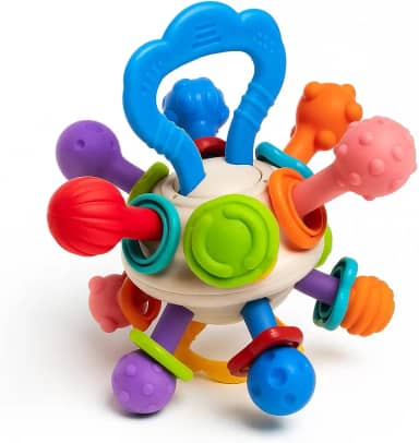 Mordedor Bola Sensorial Montessori para Bebê 0–24 Meses URBANIUS, Texturas Macias e Fácil de Segurar, Fácil Higienização, Estímulo Tato, Visão e Audição, Estímulo à Coordenação Motora, Certificado pelo INMETRO