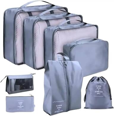 Kit Necessaire Organizador de Malas Conjunto Com 8 Peças Dobrável Impermeável Multiuso Bolsas Organizadoras de Roupas, Calçados e Acessórios Unissex Material de Qualidade (Cinza)