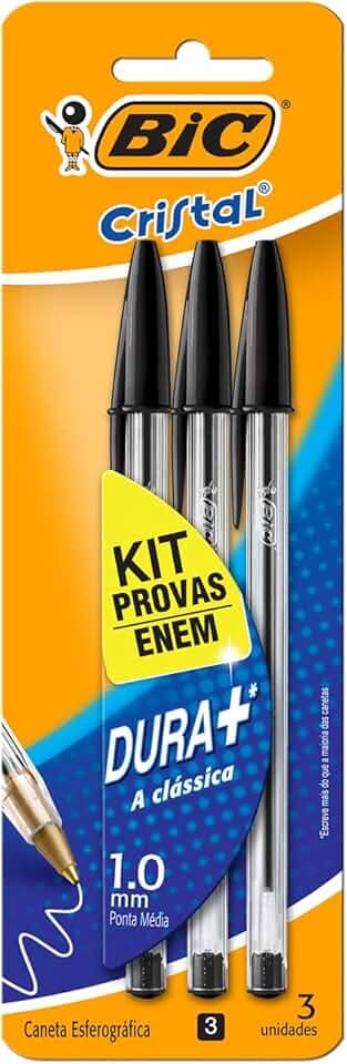 BIC 930095 Kit Enem - Caneta Esferográfica Cristal Dura Mais, A Clássica, com 3 Canetas Pretas, Ideal para o Enem