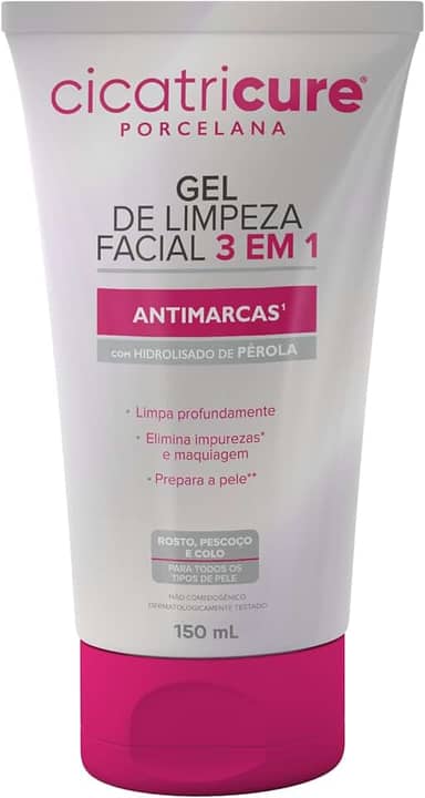 Cicatricure Porcelana Gel de Limpeza Facial 3 em 1 Antimarcas para Rosto, Pescoço e Colo - Limpa Profundamente, Elimina Impurezas e Maquiagem, Prepara a Pele - Skin Care 40g