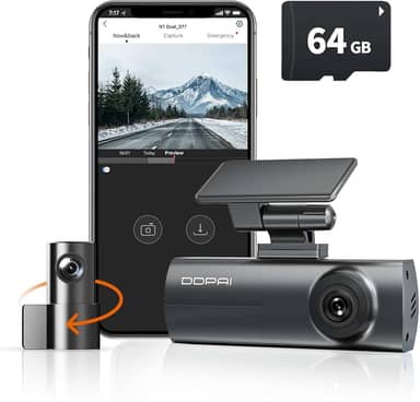 DDPAI N1 Dual Câmera Veicular Frontal Traseira 1296P+1080P, Dachcam com WiFi, Câmera para Carro com Visão Noturna, Aplicativo, Supercapacitor, Gravação em Loops, Estacionamento 24H (N1+64G Cartão SD)