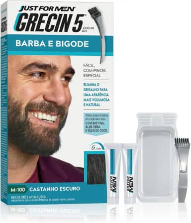 Just For Men Grecin 5 Color Gel, Barba e Bigode, Tonalizante que Elimina o Grisalho, Aparência Natural, Cor M100, Castanho Escuro, 28g